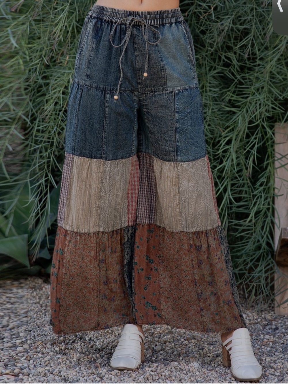 YOUNG THREADS Patchwork Denim Multicolor Floral Plaid Boho Wide Leg Pants